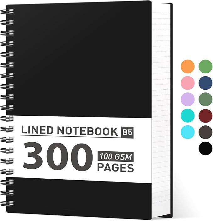 AHGXG Spiral Notebook College Ruled - Spiral Notebook Journal Large B5 7.6" x 10", 300 Pages/150 Sheets, 100GSM Thick Paper, Plastic Hardcover, for Women Men Office School, Black