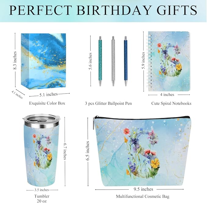 Personalized Gifts for Women Monogrammed Birthday Gifts for Women, Wife Girlfriend Christmas, Initial 20 oz Tumbler, Makeup Cosmetic Bag Cup Pens Journal Notebook 6 Set, (Aesthetic Blue Flower S)