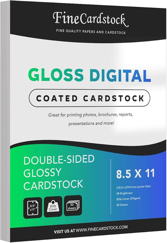 Double-Sided Heavyweight Gloss Digital C2S Cardstock – Perfect for Color Laser Printing, Flyers, Brochures, Photos | 8.5" x 11" | 80lb Cover | Acid Free, Glossy Coated on Both Sides | 50 Sheets