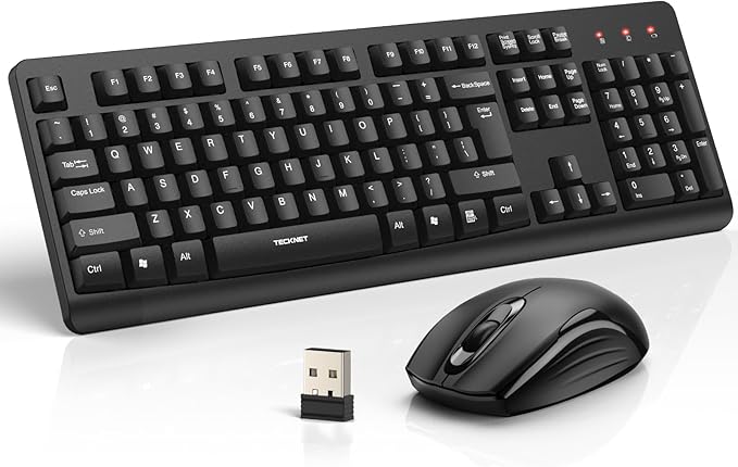 TECKNET Wireless Keyboard and Mouse Combo, Full Size Silent Ergonomic Keyboard and Mouse, Long Battery Life, Optical Mouse, Spill-Resistant, 2.4G Lag-Free Cordless Mice Keyboard for PC,Laptop,Computer