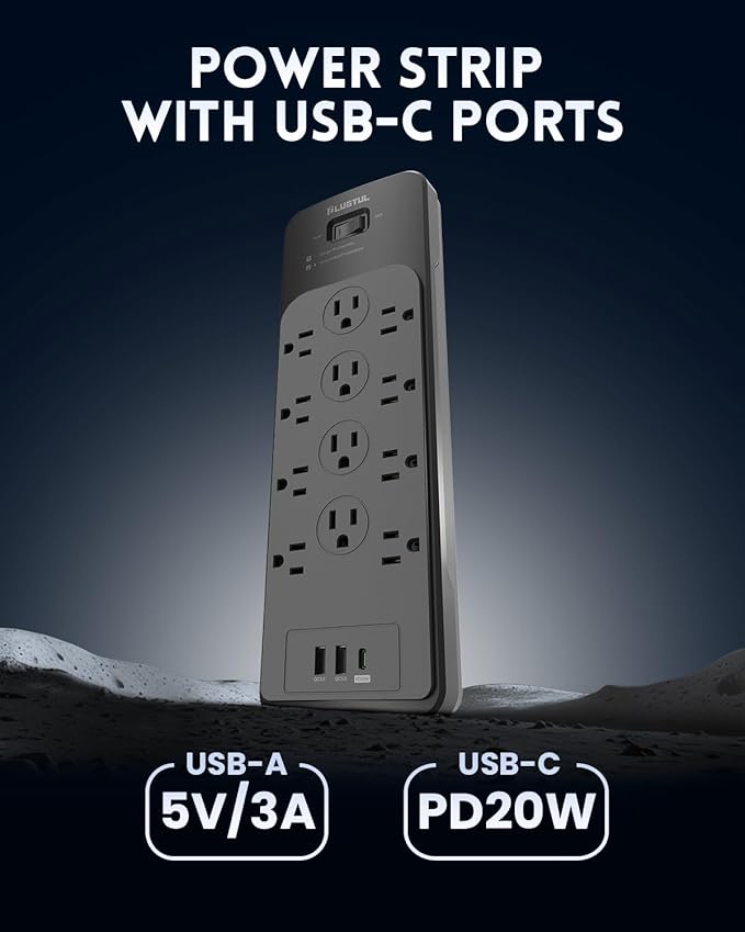 Surge Protector Power Strip 20FT(4080J), PLUGTUL Surge Protector with 12 Outlets - Spacious Design for Large Plugs, Flat Plug, 20W USB C Charging for Home, Office, ETL Listed