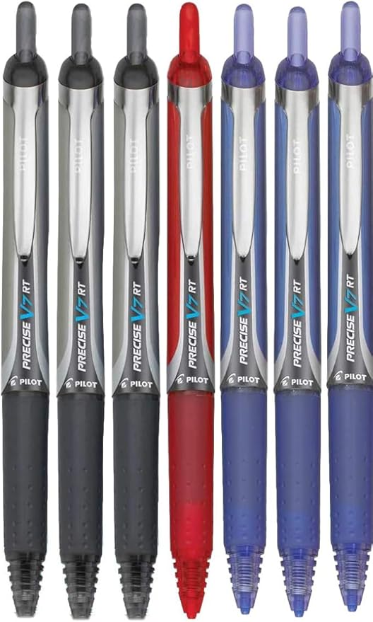 Precise V7 RT Retractable Rolling Ball Pens, Fine Point (.7mm), Assorted Colors, Black/Blue/Red Ink, 7-pk; Premium Comfort Grip, Bundle with Plastic Reusable Pouch