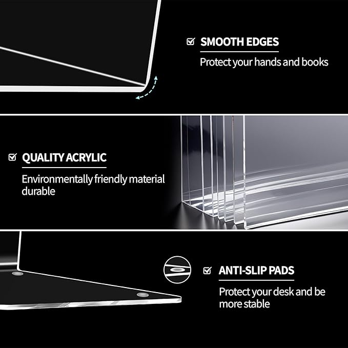 Adwikoso Book Ends for Shelves Clear Acrylic Bookends for Heavy Books Organizer Book Stopper to Hold Books for Home Office School and Desktop Decoration(Circular Arc) (8)