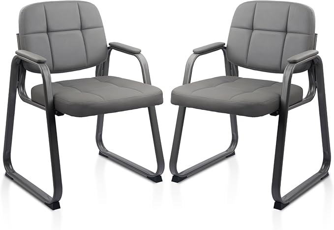 CLATINA Waiting Room Guest Chair with Bonded Leather Padded Arm Rest for Office Reception and Conference Desk Black with Sled Base Grey 2 Pack