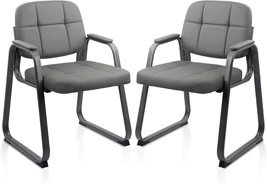 CLATINA Waiting Room Guest Chair with Bonded Leather Padded Arm Rest for Office Reception and Conference Desk Black with Sled Base Grey 2 Pack