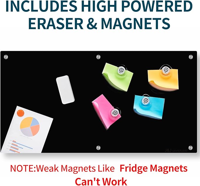 Magnetic Glass Whiteboard, Black Glass Dry Erase Board 6' x 3', Large White Board Frameless for Office Home & School Wall with Magnets, Eraser, Markers