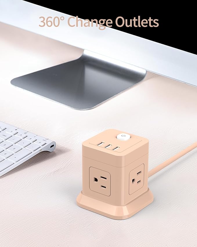 Cube Power Strip, FDTEK 4 Widely Spaced Outlet with 3 USB (1 USB C) Flat Plug Power Strips with Long Extension Cords Space Save Compact Portable for Travel Home Office Cruise - 10FT Pink