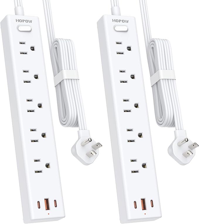 Power Strip Surge Protector, 2 Pack, 6 Ft Ultra Thin Flat Extension Cord, Surge Protector with 5 Outlets & 3 USB Ports (2 USB C), 1700 Joules, 3-Prong, Wall Mount for Home Office Dorm, White