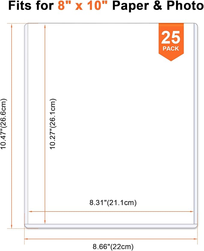 Ndsox 25 Pack 8" x 10" Rigid Print Protectors Clear Hard Plastic Sheet Protectors Top Loading for Photographs, Photo Papers, Posters, Prints, Birth Certificates, Heavy Duty No-Hole Rigid Photo Sleeves