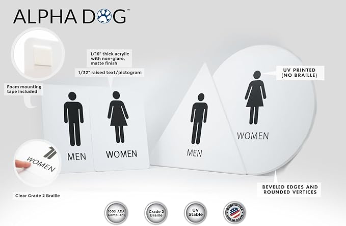 ALPHA DOG ADA SIGNS Men's Women's Restroom Sign Bundle 6x9 inch ADA Compliant Business Wall Mount Indoor Outdoor Easy Install USA Made (White)