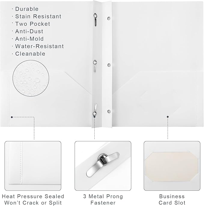 Patelai 48 Pcs Plastic Folders with 2 Pockets and 3 Prongs Home Folders with Card Slot Letter Size Heavy Duty Report Covers for Back to School(White,Classic)