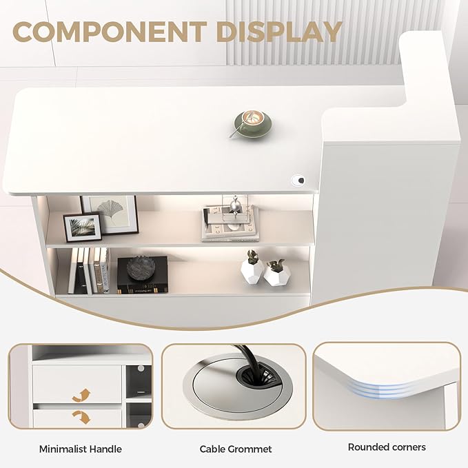 Modern Reception Desk with LED Lights - 47" Front Desk Reception Counter with Dual Display Shelves & Hidden Cable Management, Lockable Drawer & Storage Cabinet for Office, Salon, Spa, Retail, Right