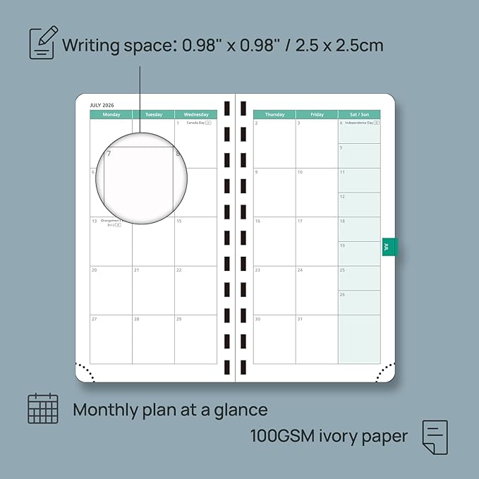 POPRUN 2026 Pocket Planner (Slim Size 3.5" x 6.5") Weekly and Monthly Calendar for Purse, with Hourly Time Slots, 100GSM Thick Paper, Spiral Soft Cover, Pen Holder - Black