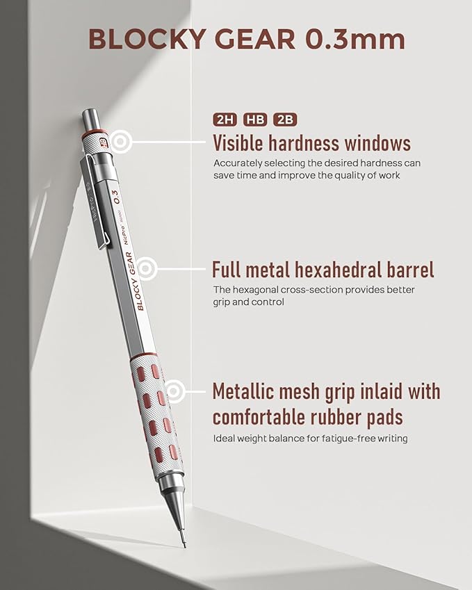 Nicpro Blocky Gear 0.3 mm Mechanical Pencils Set in Case, Metal Pencil with Lead Refills, Eraser for Professional & Adult Art Writing Drafting Drawing