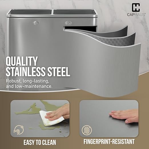 CAPHAUS Dual Trash Can with Double Lid, Trash and Recycle Bins Combo, Hands-free Stainless-Steel Garbage Can for Kitchen, with 2 Compartment, Hinged Lid, Odor Filters, Handles, 25L+25L, 2 x 6.6 Gallon