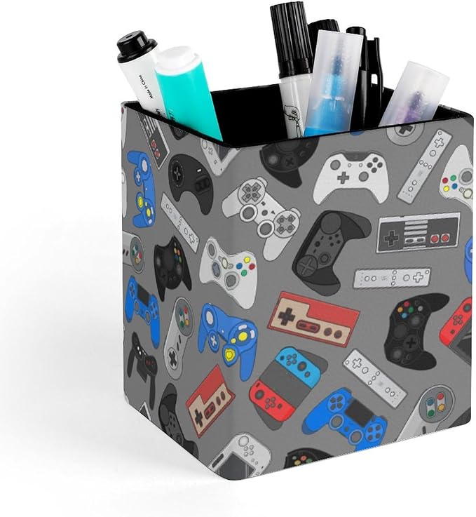 Square Pen Holder & Pencil Organizer for Desk - Office Storage Organizer, Markers/Makeup Brushes/Scissors Holder, Compact Desk Decor Accessories for Home Classroom School(Video Games)