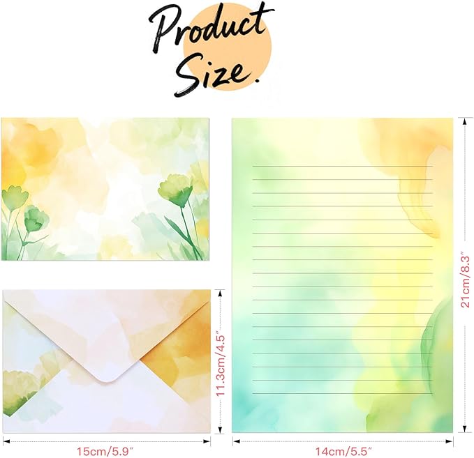 Watercolor Stationary Letter and Envelopes, 24 Lined Writing Paper with 12 Matching Envelopes, Double-Sided Printing, Multicolor, 8.3 x 5.5 Inches, 36 Pieces