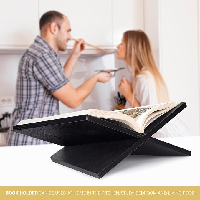 Solid Wood Book Stand for Reading and Display, Foldable Book Holder for Cookbooks, Art Books, Bibles, Magazines – Open Book Stand for Kitchen, The Front Stopper Helps Prevent Books from Sliding.