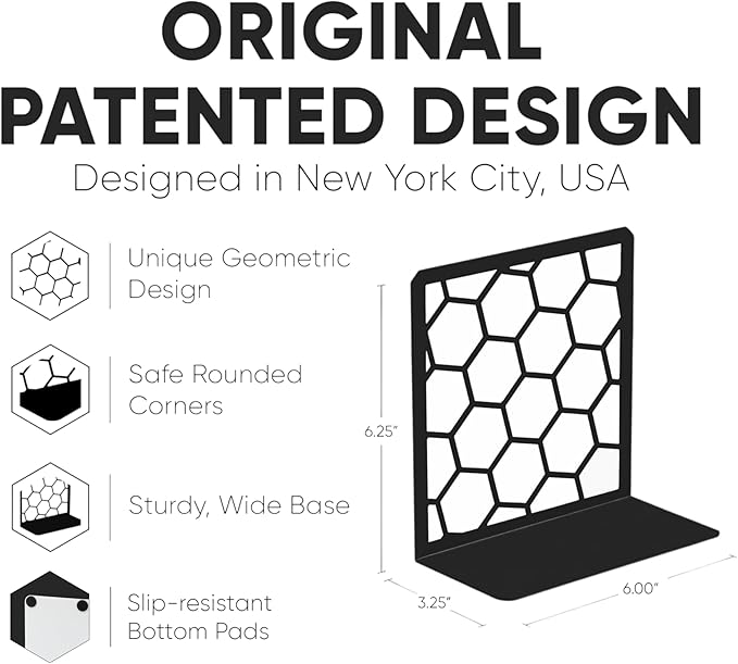 GEOMOD Geometric Honeycomb Black Metal Bookends Decorative - Tall Sturdy Book Ends for Shelves - Modern Heavy Duty Bookend Stopper - Office or Home Book Shelf Book Holder - 6x3.25x6.25 Inches - 1 Pair