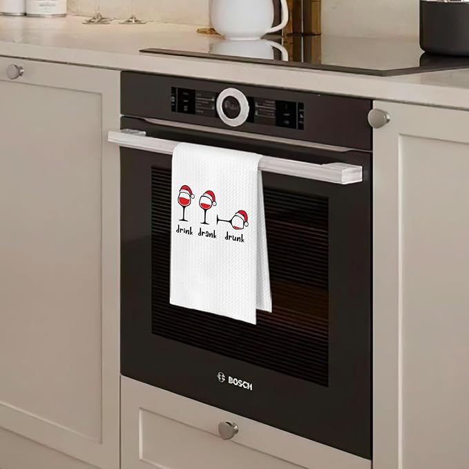 Christmas Wine Kitchen Towels - Funny Wine Gifts Waffle Decorative Dish Towels, Funny Christmas Hand Towel, Drink Drank Drunk Tea Towel, 16x24 Inches