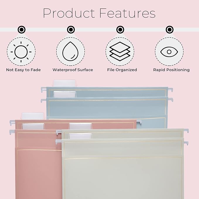 Y YOMA 6 Pack Rose Gold Hanging File Folders with Pocket Letter Size Decorative File Folder Cute Pretty Hanging Folder for Office Home School with 1/5-Cut Adjustable Tabs, Outer Storage Pockets