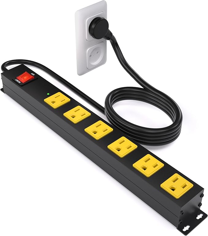Heavy Duty 6 Outlet Metal Long Power Strip, 2700J Surge Protector with 15A Circuit Breaker, 10FT Extension Cord, Wall Mount for Garage, Workshop & Industrial Use, Wide Spaced (10ft)