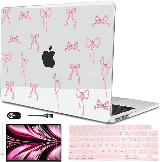 for 2025 M4 MacBook Air 13.6 inch Case 2024 M3 A3113 2022 2023 A2681 M2 Chip,Crystal Plastic Pattern Hard Case Keyboard Cover Screen Film for MacBook Air 13.6 M4 A3240 Touch ID, Pink Bowknot