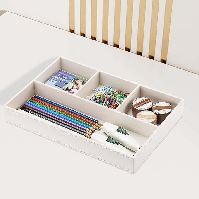 KINGFOM PU Leather Desk Drawer Organizer, 4 Compartment Office Supplies Stationery Storage Tray, Desk Organizers and Accessories Drawer Organizer Tray for Home, Makeup, Jewelry Stackable White