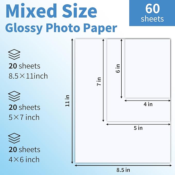 60 Sheets Glossy Photo Paper, 4x6 5x7 8.5x11 inch Inkjet Photo Printer Paper, Instant Dry Picture Paper for DIY Chip Bag, Flyers, Cards, Calendars and Brochures(180gsm/48lb) (mixed size)