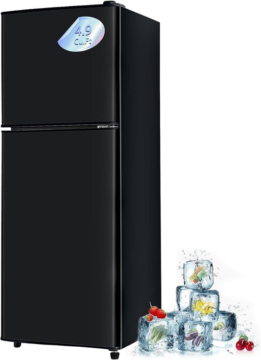 Mini Fridge with Freezer 4.9 Cu. Ft 2 Door Refrigerator, Dorm Fridge with 7 Adjustable Thermostat & Shelves, Compact Mini Refrigerator Freezer for RV, Kitchen, Office, Black
