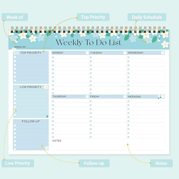 Weekly To Do List Notepad, Undated Planner with 52 Sheets (8.5''x11''), Desk Weekly Planner for Women & Man, Home School & Work (Flower)