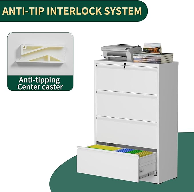 4 Drawer Lateral File Cabinet with Lock, Metal File Cabinets for Home Office, Steel Heavy-Duty Filing Storage Cabinet for Letters/Legal/A4 (Require Assembly, White)
