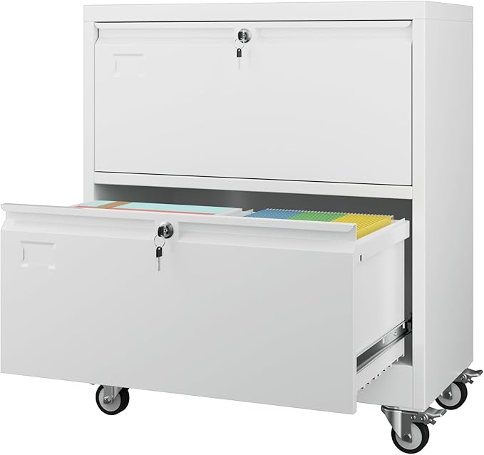 Aobabo 2 Drawer Lateral File Cabinet with Wheels, Lockable Metal Filing Cabinet for Home Office, Legal/Letter Size,White,Required Assembled,15.87" D x 28.94" W x 34" H