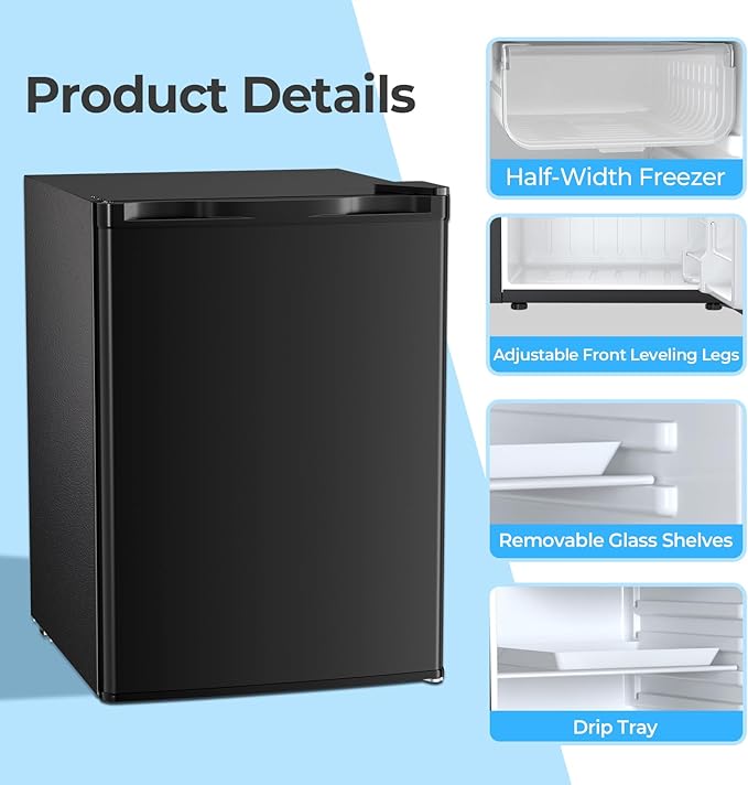 Antarctic Star 2.56 Cu.Ft. Mini Fridge with Freezer, Small Refrigerators with Adjustable Thermostat, Low Noise, Energy Saving, Compact Refrigerators for College Dorm, Office, Bedroom, Apartment, Black