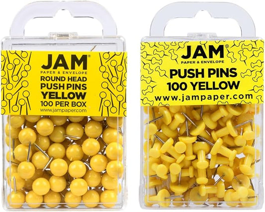 JAM PAPER Colorful Push Pins - Flat & Round Head Thumb Tack Combo Set - Yellow Pushpins - 200/Pack