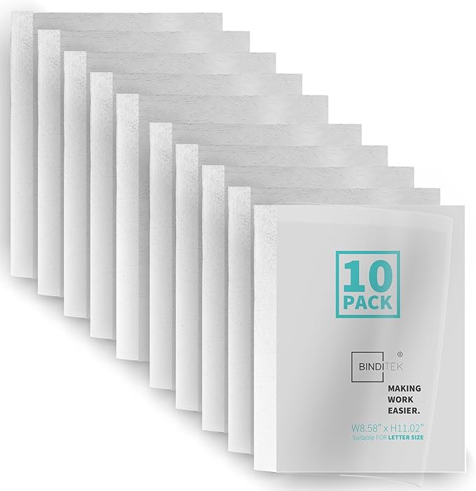Binditek 10 Pack Thermal Binding Presentation Covers, 1/16 Inch Spine, Holds 15 Sheets, Ultra Clear Front Cover, White Paper Back Cover, Letter Size, for Students and Coworkers