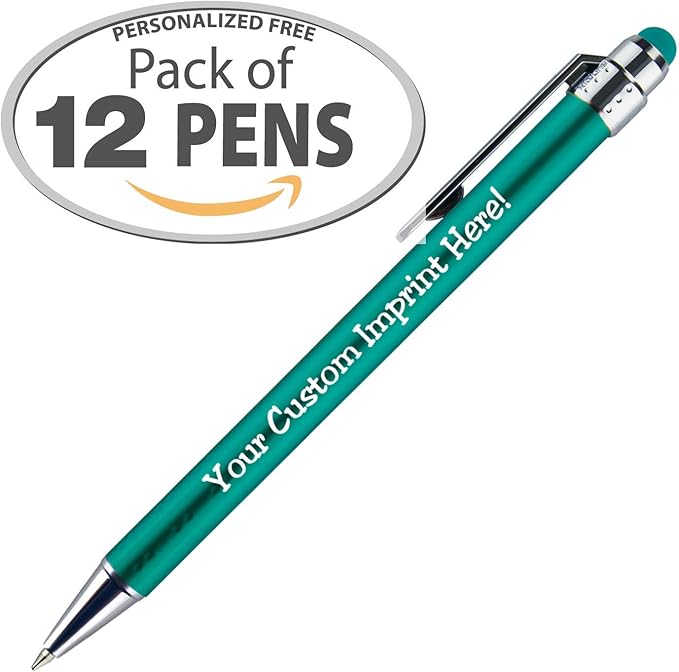 Personalized Pens with Stylus Tip -Bright Vibes- Click action - Custom - Black writing - Printed Name pens - Imprinted with Your Logo or Message - FREE PERSONALIZATION - 12 Pens/Box (Teal)