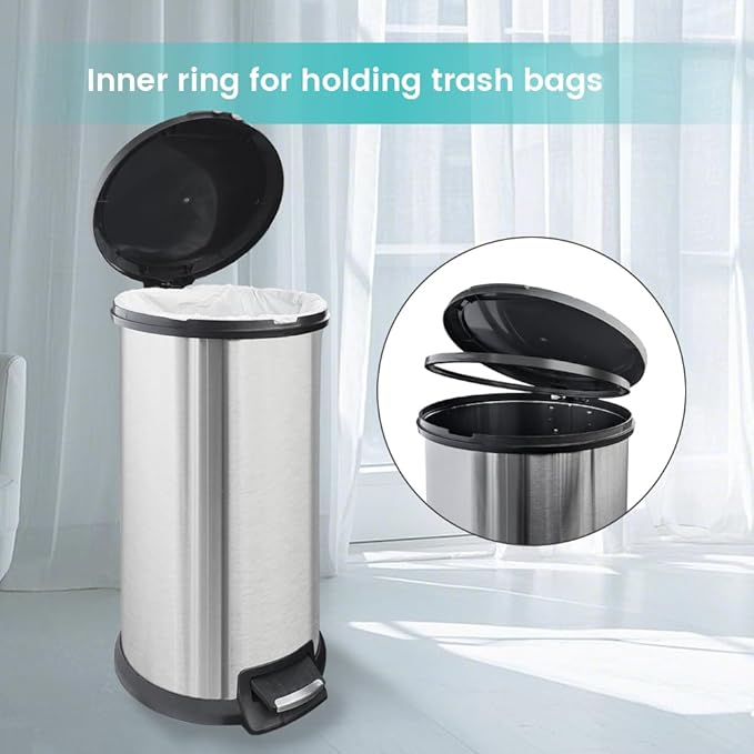 10 Gallon Stainless Steel Trash Can – Round Tall Design, Hands-Free Pedal, Liner-Free with Inner Ring Bag Holder, Rust-Proof for Kitchen, Office, or Bathroom (12.8" x 13.6" x 24")