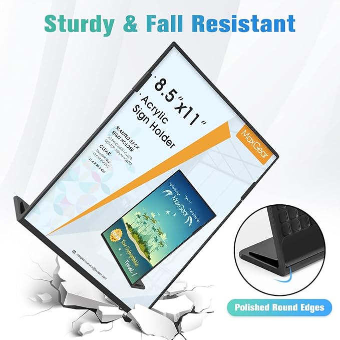 MaxGear Fall Resistant Acrylic Sign Holder 8.5 x 11 Inches 6 Pack, Slant Back Table Flyer Menu Display Stand, Heavy Duty Plastic Acrylic Sign Frame Paper Holder for Business, Store, Restaurant, Black