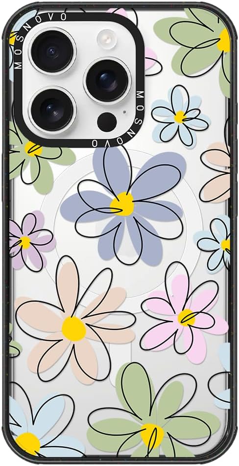 MOSNOVO Magnetic Case for iPhone 16 Pro, 10ft Military-Grade Protection, Compatible with Magsafe, Shockproof Phone Case for iPhone 16 Pro - Linear Blooms - Clear Black