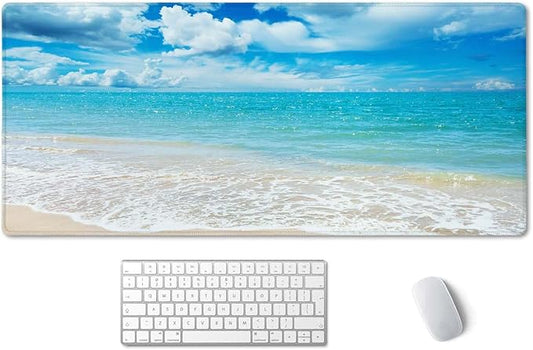 SSOIU Gaming Mouse Pad, Extended Mouse Pad, 35.5x15.7inch XXL Large Big Computer Keyboard Mouse Mat Desk Pad with Non-Slip Base and Stitched Edge for Home Office Gaming Work, Beaches Sunny Day