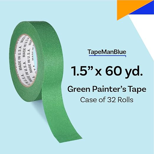 High Tack Green Painters Tape, 1.5 inch x 60 Yards, Case of 32 Rolls, Made in America, Strong Painters Masking Tape, Clean Removal, UV Resistant