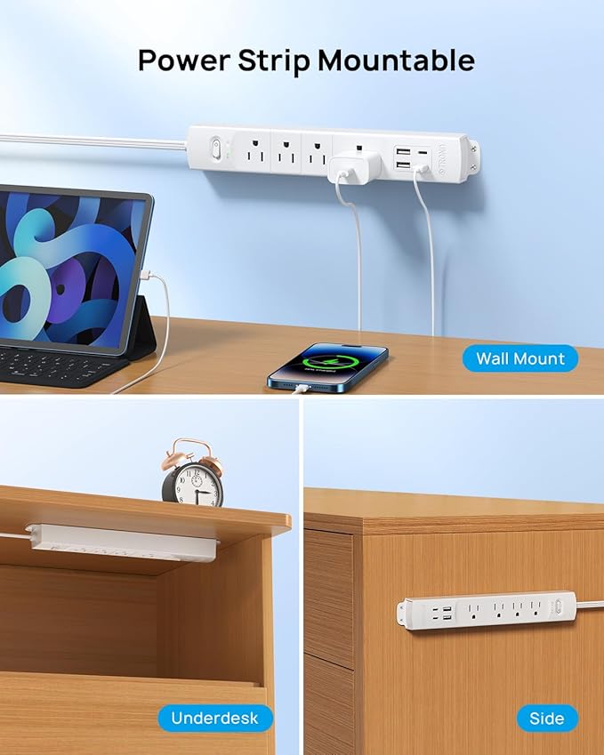 TROND Flat Plug Power Strip USB-10ft Flat Extension Cord Surge Protector Wall Mount, 2 USB C & 2 USB A Ports with Multiple Outlets, 1440J, 1625W for Office Supplies Dorm Room Essentials, White