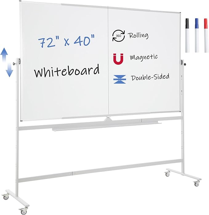 FORTUNO Large Magnetic Mobile Whiteboard 72"x40", Rolling Double Sided Stand Whiteboard on Wheels, Reversible Adjustable Height/Angle Dry Erase Board Easel White Board for Office Classroom