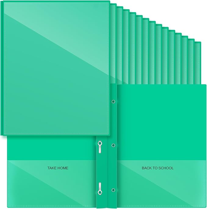 Henoyso 48 Pcs Plastic Folders with Clear Front Pocket and 3 Prong Take Home Plastic 2 Pocket Folder Back to School for Students Parent Teacher Communication for School Office (Green)