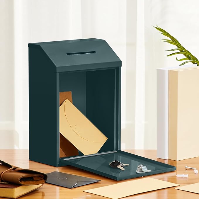 Metal Donation Cash Box Collection Safe Suggestion Box with Lock Wall Mounted Mailbox Delivery Ballot Container for Home Office Outdoor Door(Green,11.8 x 8.6 x 4.7 Inch)