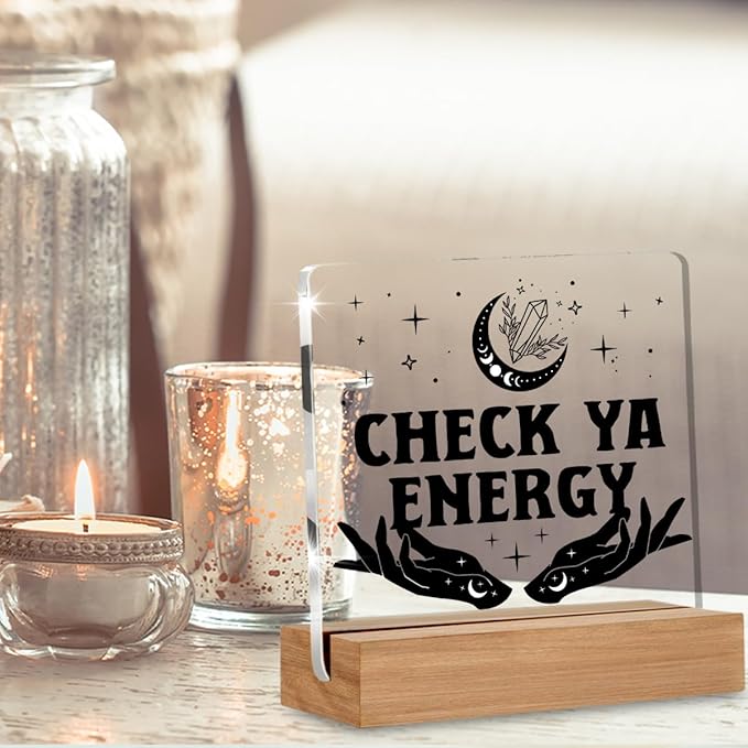 Witchy Gifts for Women Men, Spiritual Witch Gifts, Check Ya Energy Witchy Desk Decor Acrylic Plaque for Home Office Room