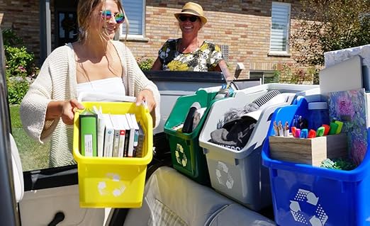 Multi Recycling System with Three Stackable 5 Gallon Bins to Build Your Recycling Center for Offices, Homes, Garages, Businesses (3 Pack, Blue/Yellow/Red)