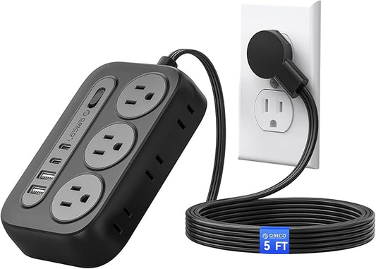 ORICO Surge Protector Power Strip, Multiple Outlets Extension Cord with 6 AC Outlets 2 USB-A and 2 USB-C Ports, 5 ft Flat Plug Power Strip, Mountable Outlet Extender for Dorm/Office/Home- OG