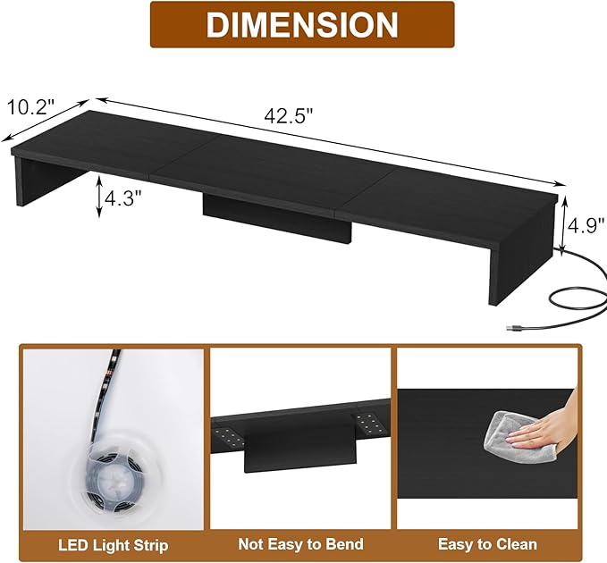 TV Riser Stand with LED Lights, 42.5" Super Large Monitor Stand Riser, Tabletop TV Stand Riser for Desk, Desk Shelf for Top of Desk, Desktop Organizer for Computer, TV, Laptop, Printer